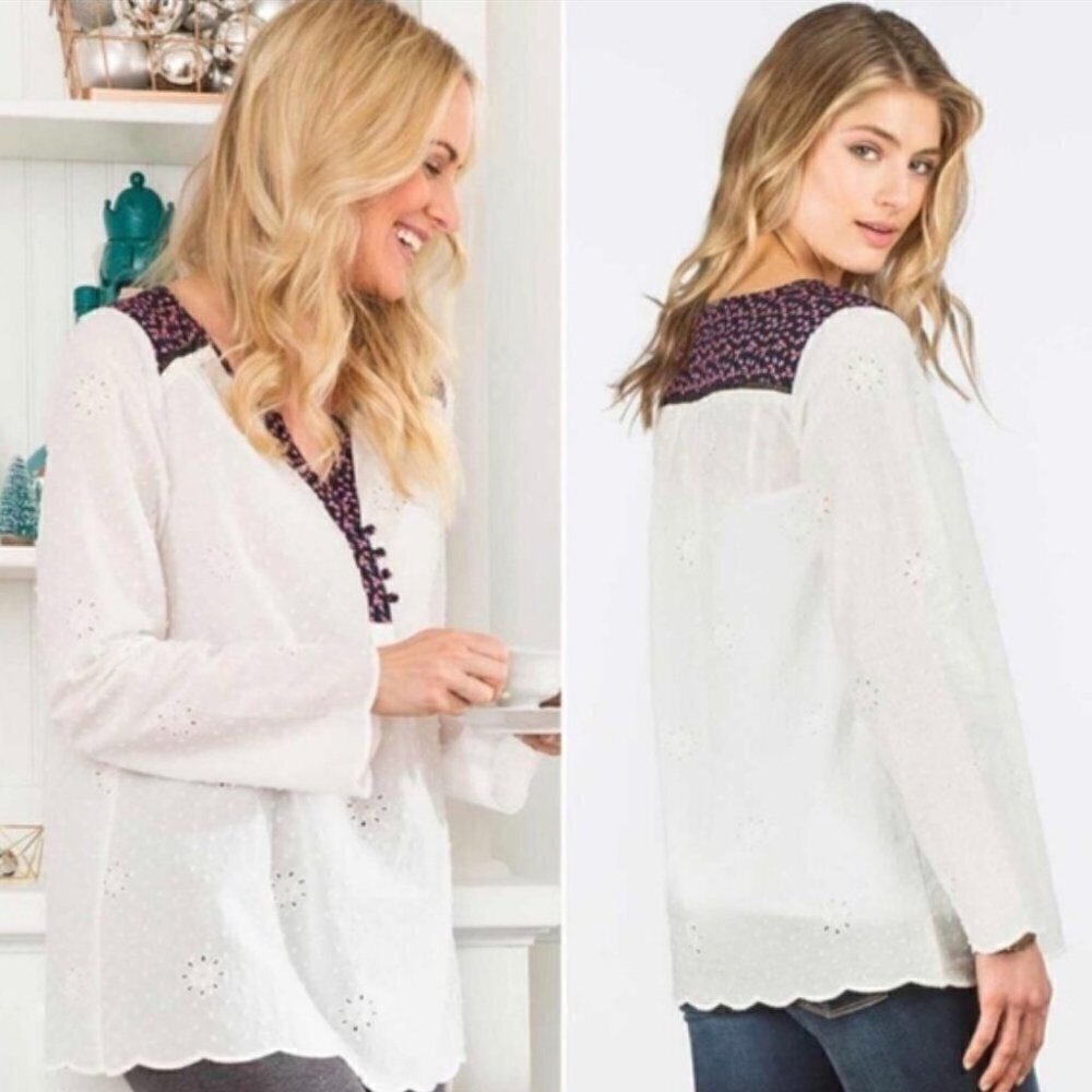 MATILDA Jane Women's Eyelet Peasant Top White Floral Long Sleeve